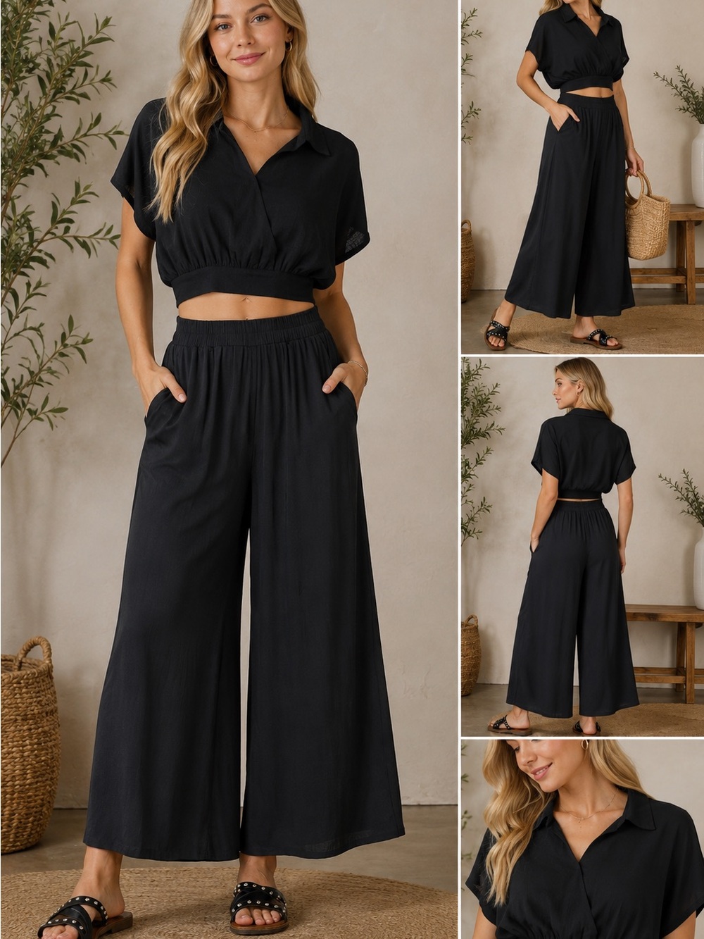 Zenana Set - Crop Top & Black Wide Leg Pants